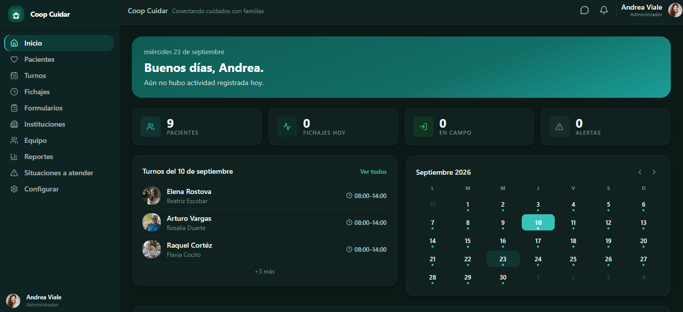 Panel de administración de VictaCare en modo oscuro