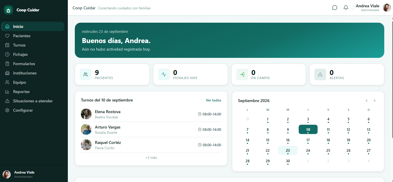Panel de administración de VictaCare en modo claro