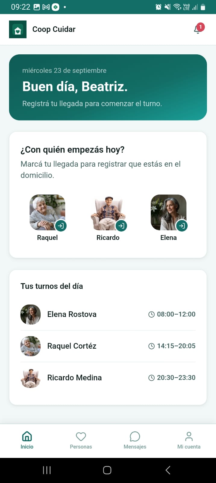 Panel de la cuidadora en el celular